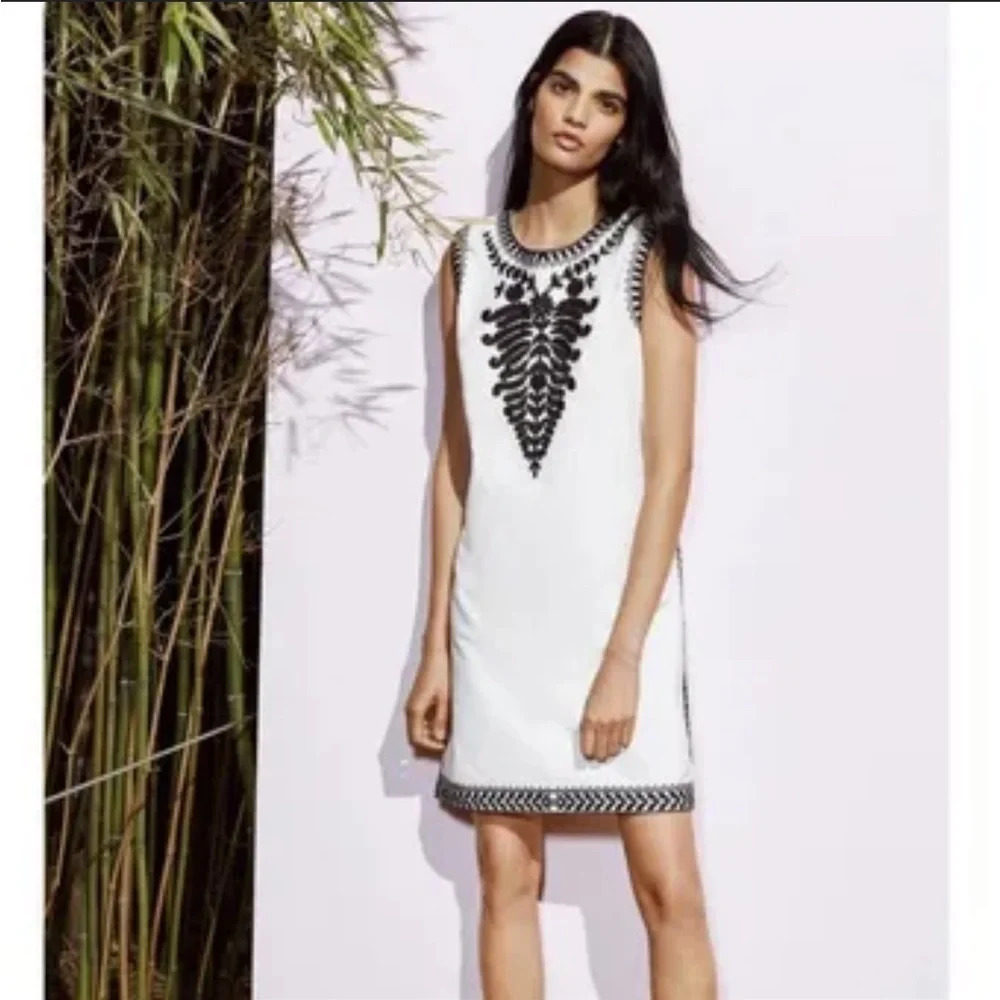 Tory Burch Camille Contrast-Embroidered Shift Dress In White